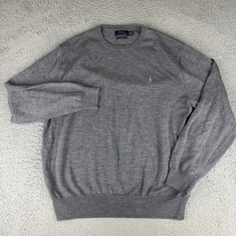 Polo Ralph Lauren Sweater Mens Xl Grey‎ Washable Merino Wool Crew Neck Pony